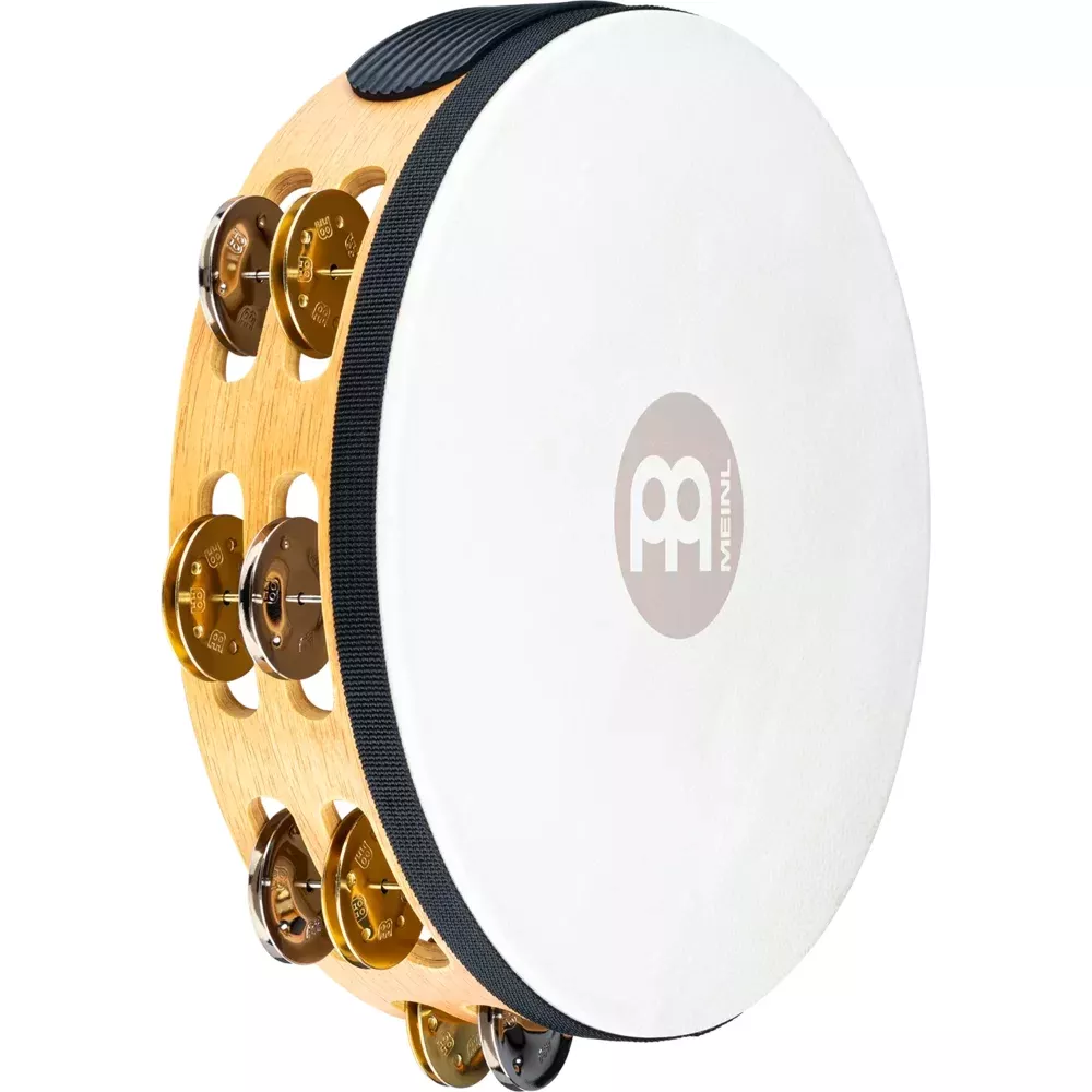 10" HEADED WOOD TAMBOURINE, DUAL ROW, MIXED JINGLES