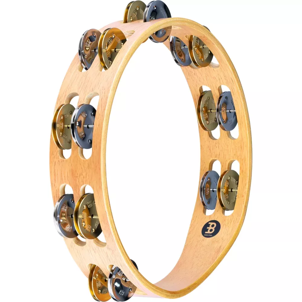 10" WOOD TAMBOURINE, DUAL ROW, MIXED JINGLES