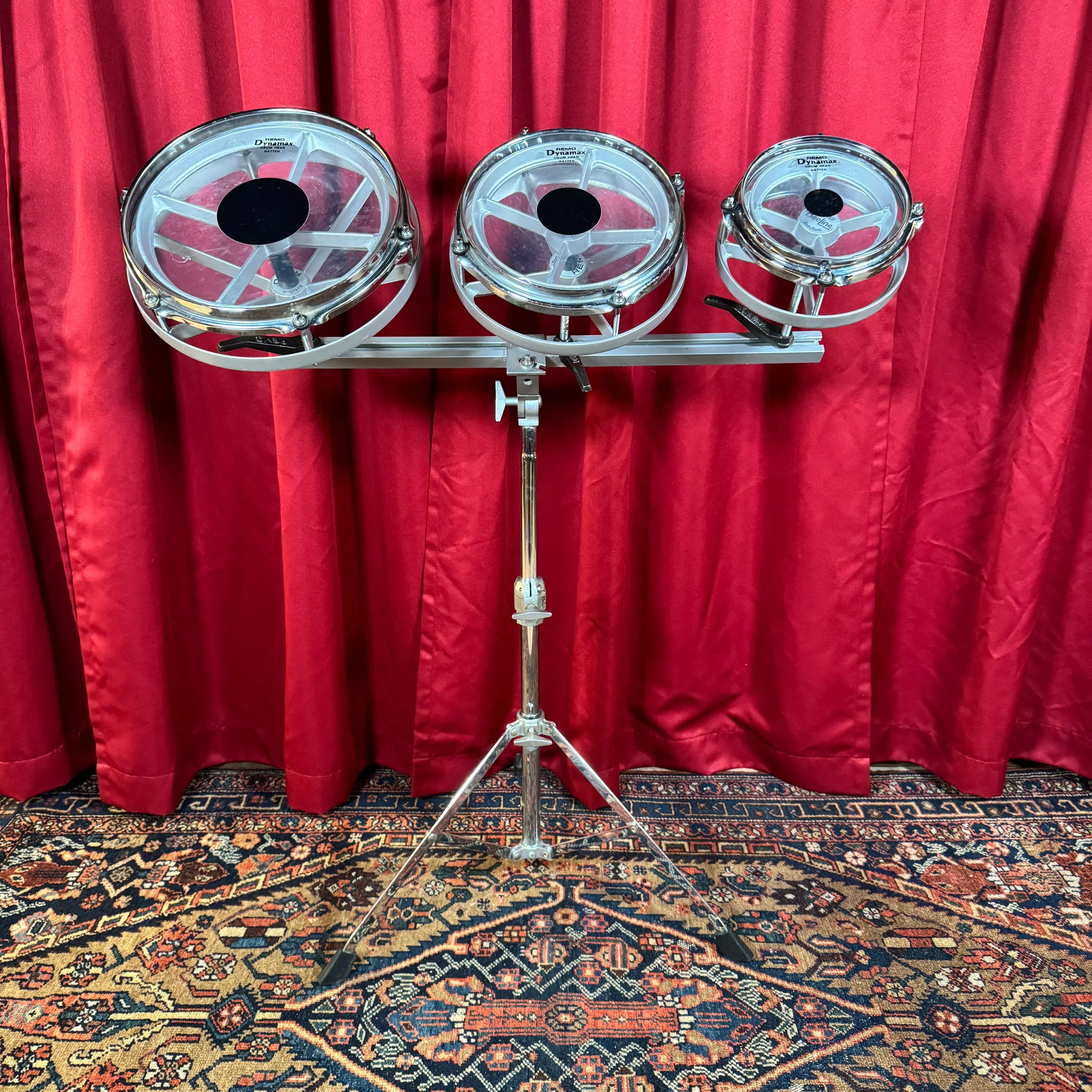 1980s-remo-beeline-rototom-3pc-set-6-8-10-silver-w-stand-roto-tom-drum 1980s Remo Beeline RotoTom 3pc Set 6/8/10 Silver w/ Stand Roto Tom Drum