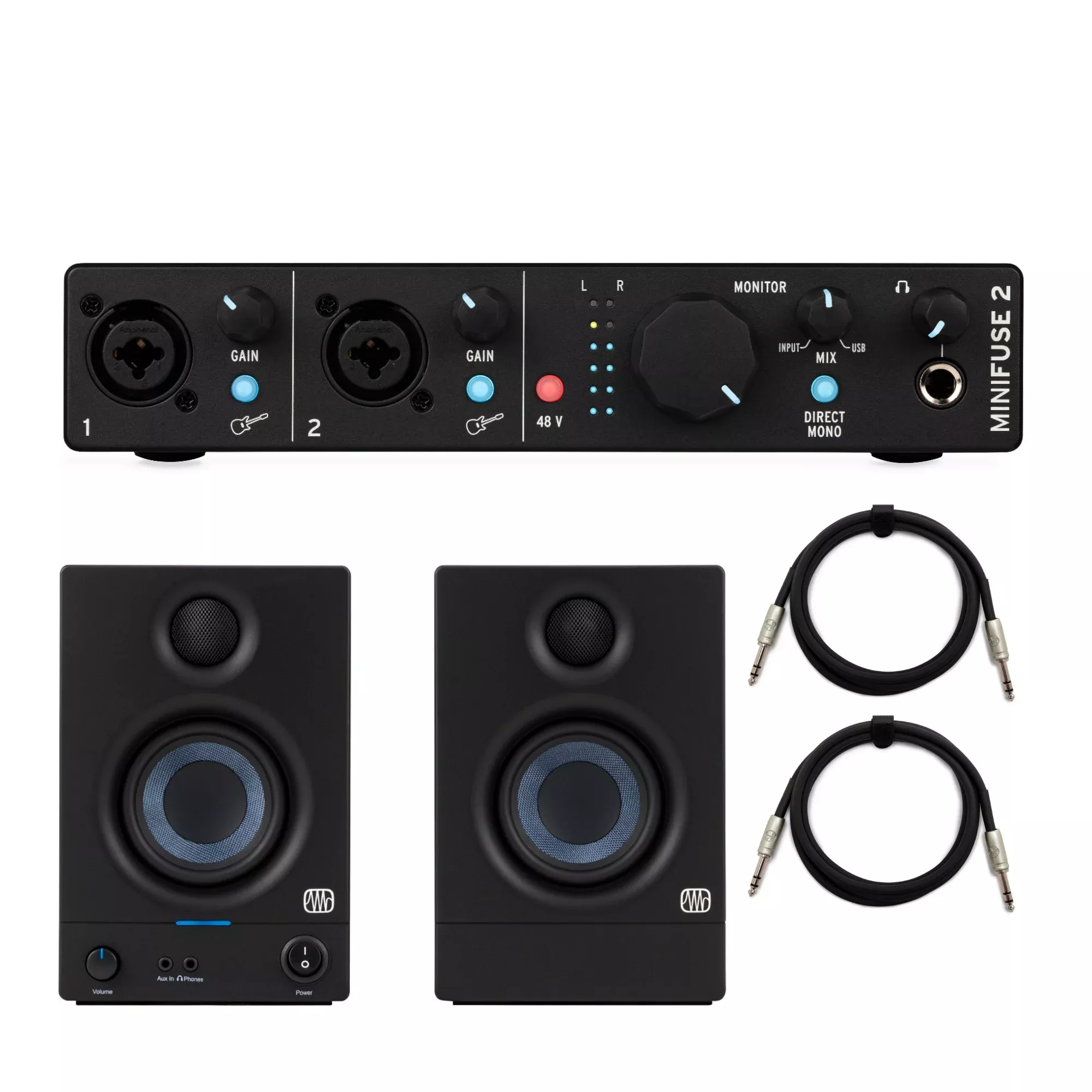 Arturia MiniFuse 2 Audio Interface (Black) with Studio Speakers and TRS Cables
