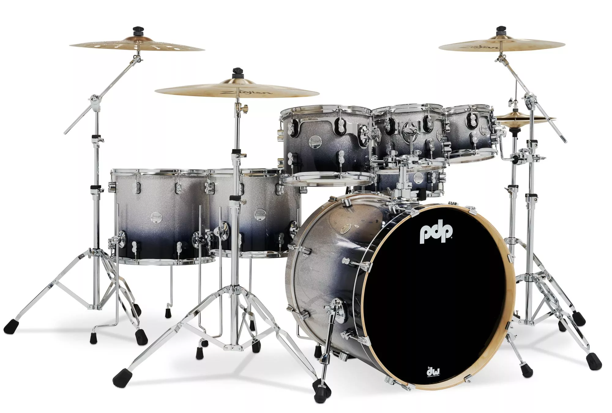 pdp-concept-maple-drum-shell-kit-7-piece-silver-to-black-sparkle-fade PDP Concept Maple Drum Shell Kit, 7-Piece, Silver to Black Sparkle Fade