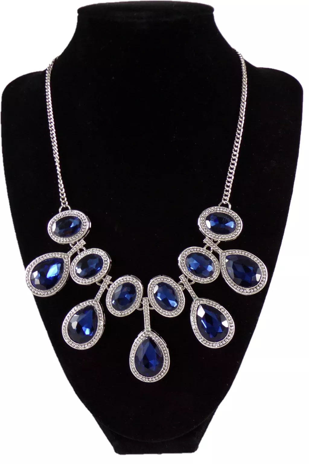 statement-necklace-bib-w-dark-blue-crystals-rhinestones-cocktail-wedding-19-eleg Statement Necklace Bib w/ Dark Blue Crystals & Rhinestones - Cocktail Wedding - 19" Elegant